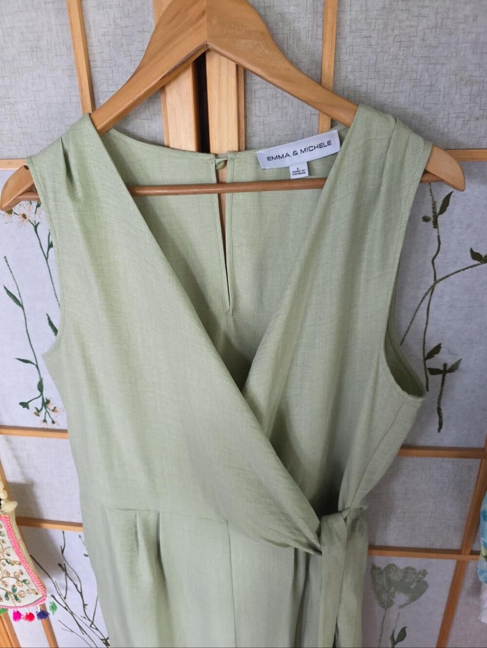 Sage Green Faux Wrap Wide Leg Palazzo Jumpsuit V-Neck Pockets Large Linen Look - Picture 10 of 14